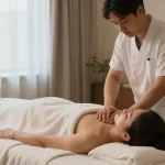 Relaxing 남양주출장마사지 scene with a therapist soothing a client in a calming spa atmosphere.