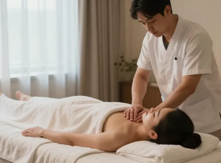 Relaxing 남양주출장마사지 scene with a therapist soothing a client in a calming spa atmosphere.