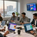 Diverse journalists collaborating in a modern news media office at https://www.theindaily.com, focusing on India's dynamic political developments.