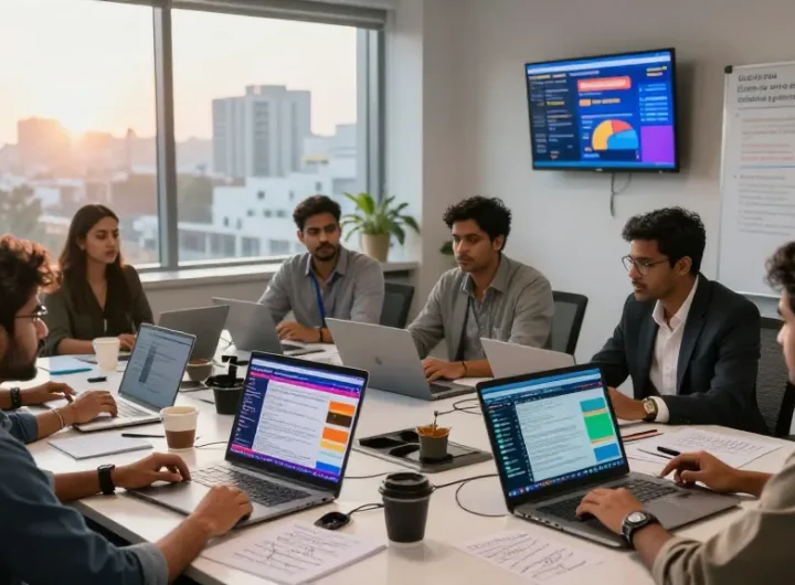 Diverse journalists collaborating in a modern news media office at https://www.theindaily.com, focusing on India's dynamic political developments.
