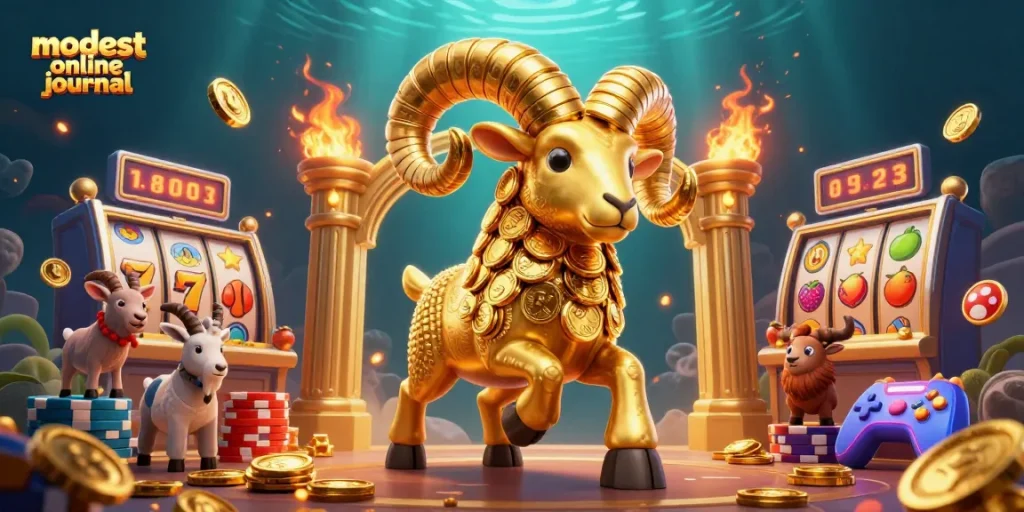 Experience thrilling gaming with the modest online journal featuring a golden ram amidst slot machines.