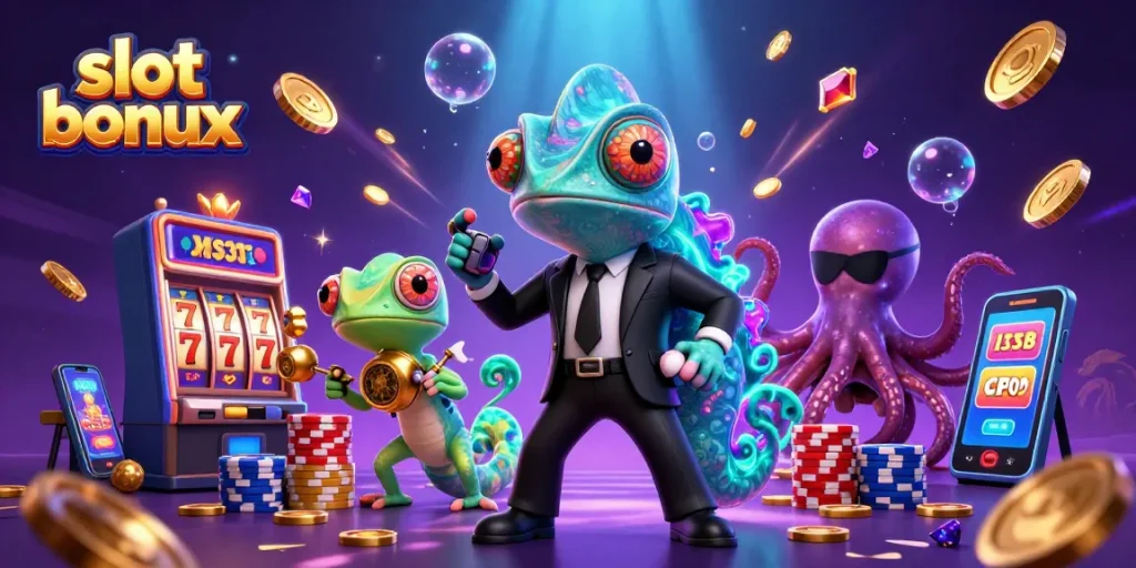Experience thrilling slot bonus adventures with vibrant chameleon agents and dazzling casino elements.