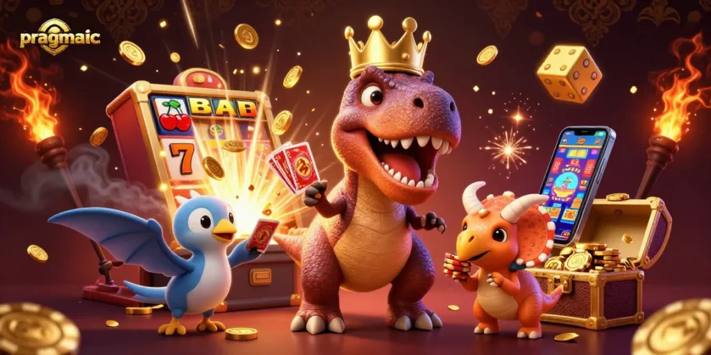 Experience pragmatic slots with a playful T-Rex, dynamic game elements, and vibrant visuals.