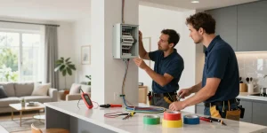 Team of electricians performing a home rewire in a stylish kitchen, measuring and preparing wiring components.